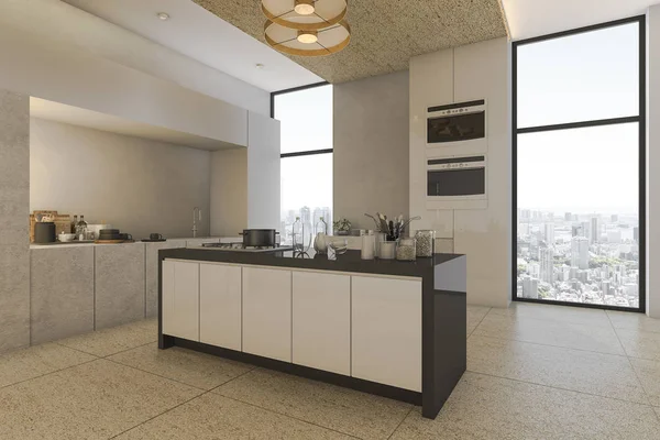 3d renderização bela vista da cidade da cozinha no condomínio — Fotografia de Stock