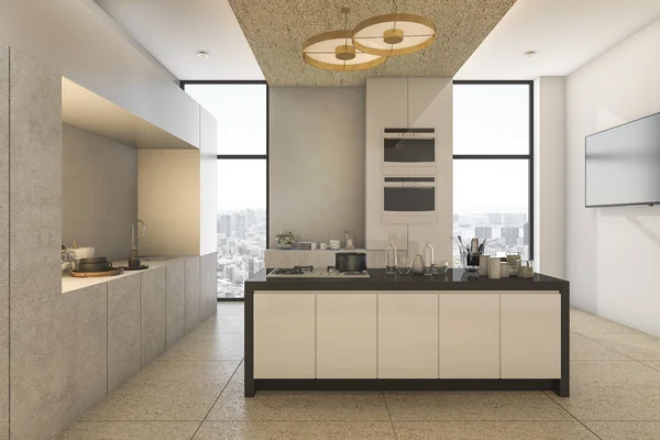 3d rendering bella vista sulla città da cucina e sala da pranzo su condominio — Foto Stock
