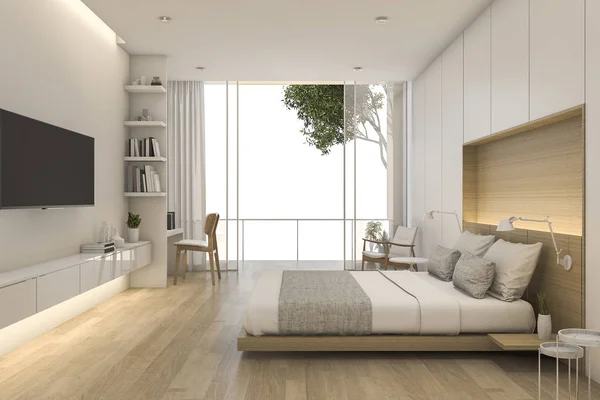 3d Gjøre vakker loftsleilighet minimal soverom – stockfoto