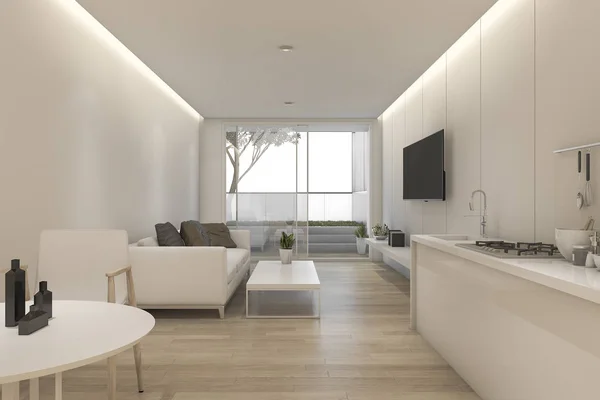 3d rendendo minimale soggiorno bianco e cucina con arredamento — Foto Stock