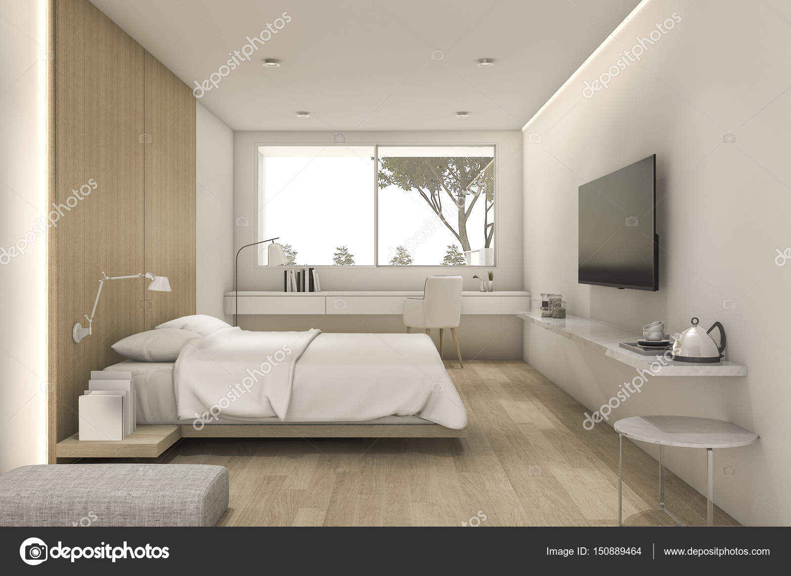 3D Rendering schöne minimal Schlafzimmer mit tv und Hocker ... 3D Rendering schöne minimal Schlafzimmer mit tv und Hocker ...