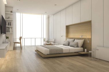 3D render ahşap en az stil yatak odası penceresinden Manzaralı
