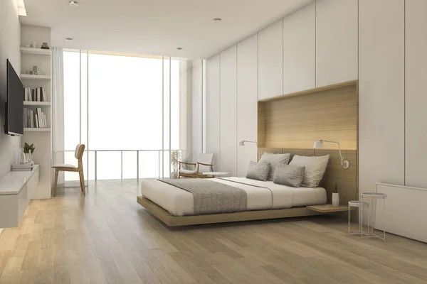 3d rendendo legno camera da letto in stile minimale con vista dalla finestra — Foto Stock