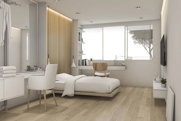 3d renderizado dormitorio blanco con mesa de maquillaje cerca de walk in closet — Foto de Stock