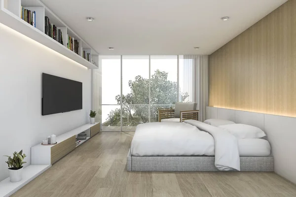 3d renderização quarto de madeira mínima com tv e prateleira — Fotografia de Stock