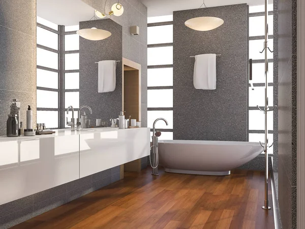 3d rendering bagno moderno in legno con finestra e parete di piastrelle in pietra in estate — Foto Stock