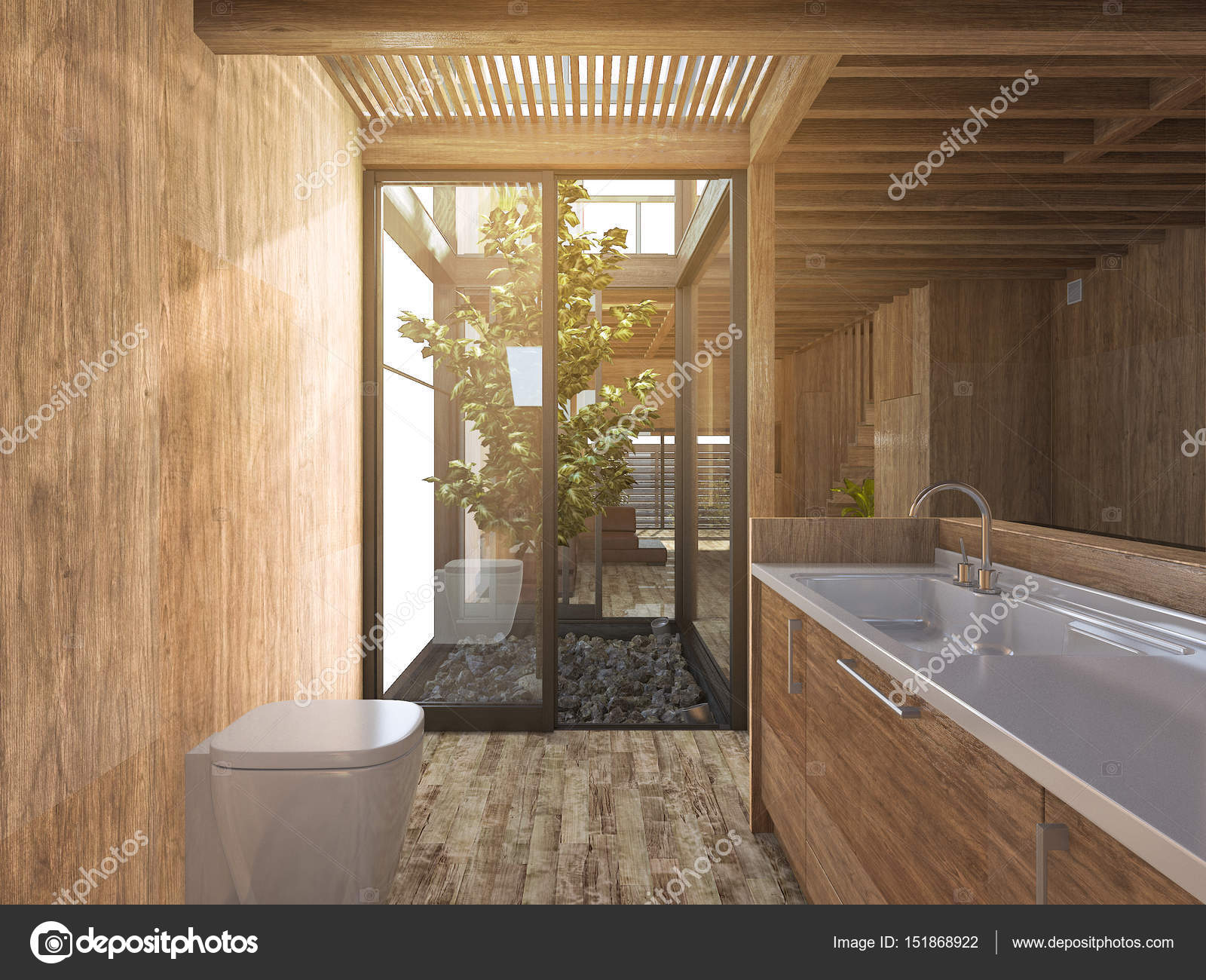 3d rendering trä badrum nära japanska zen rock garden i trä hus ...