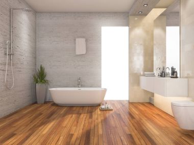 3D render ahşap parlak banyo ve duş ile modern bir dekora