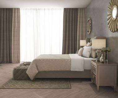 kabarık ve perde ile 3D render klasik lüks yatak odası