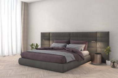 lamba ve en az dekor perde ile 3D render pembe kumaş yatak odası