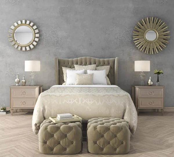 3d rendering classica camera da letto di lusso con pouf e specchio e muro di cemento — Foto Stock