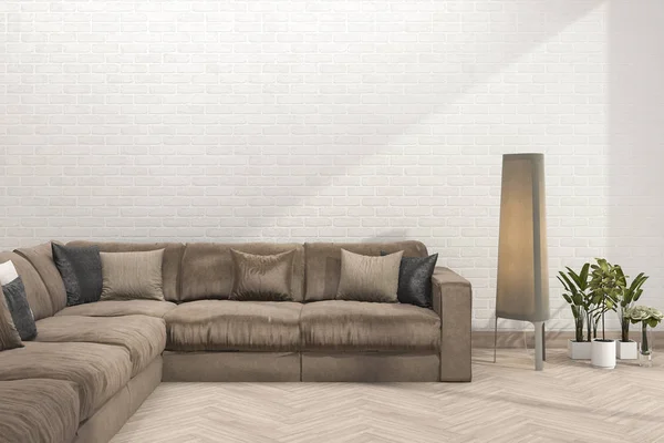 Divano marrone retrò 3d in soggiorno minimale con parete in mattoni — Foto Stock