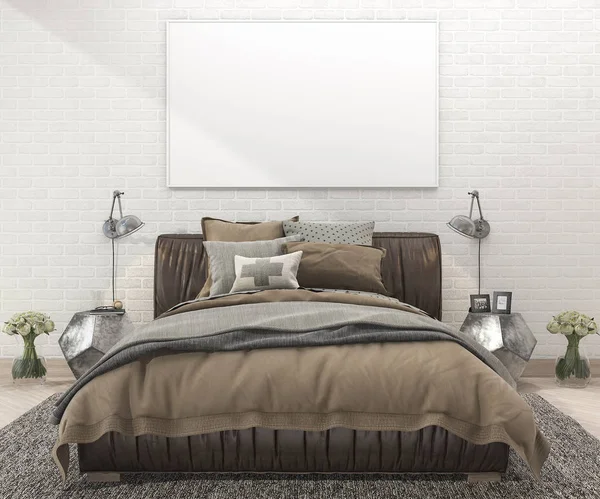 3d rendering retro brown bed in bedroom with brick wall and carpet — Stock Photo, Image
