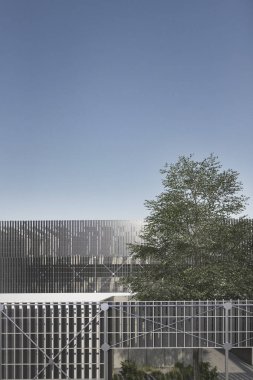 3D işleme modern endüstriyel metal ve ağaç ve gökyüzü ile bina çelik yapı