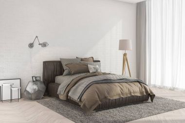 3D render en az retro yatak odası ile yakın tuğla duvar ve beyaz perde lamba
