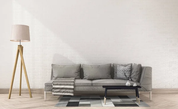 3D render vintage kumaş koltuk bezle beyaz tuğla duvar ve lamba