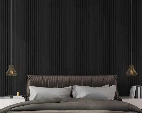 3D-Rendering schwarz minimales Schlafzimmer mit Lampe und Buch-Dekor — Stockfoto