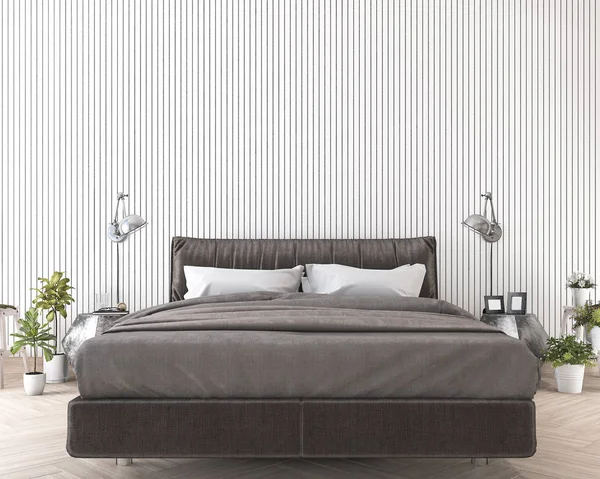3d rendant lit doux et confortable près du mur en bois blanc — Photo