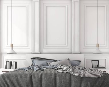 3D Render mavi yumuşak klasik yatak klasik yatak odasında kapat 