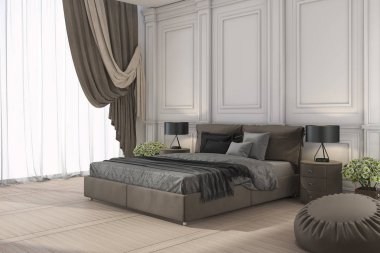 3D render klasik yatak odası perde ile klasik yatakta