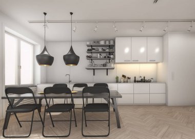 ahşap zemin ve siyah sandalye ile 3D işleme beyaz mutfak