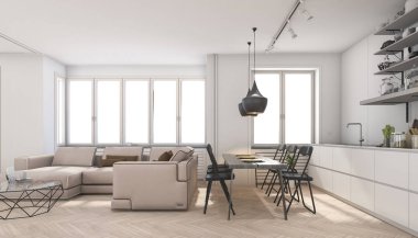 3D render İskandinav oturma odası ve mutfak