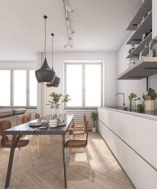 3D render en az ahşap İskandinav mutfak lambalı