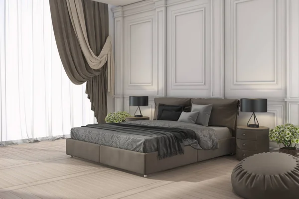 3D render klasik yatak odası perde ile klasik yatakta
