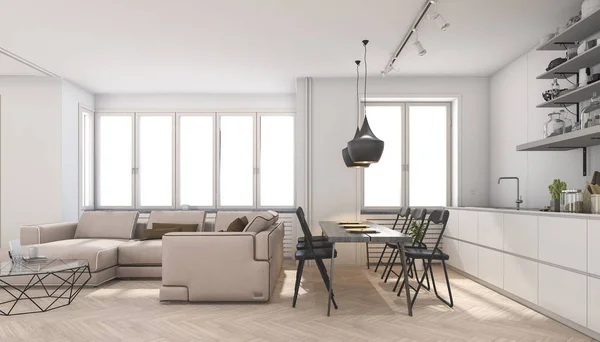 3d renderização escandinavo sala de estar e cozinha — Fotografia de Stock