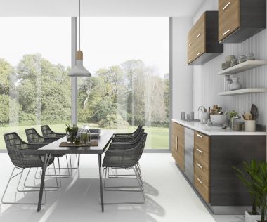 3D Render güzel yemek masası Ahşap mutfak bar yakınındaki Bahçe Manzaralı yakınındaki