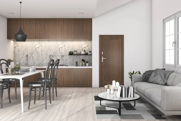 3d rendering loft sala de estar con cocina y mesa de comedor —  Fotos de Stock