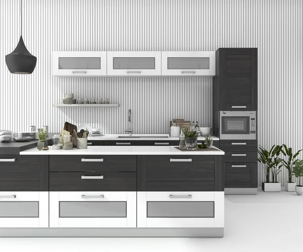 3D рендеринг черной барной кухни в минимальной комнате — стоковое фото