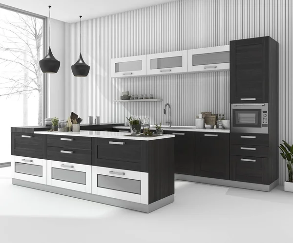 3d renderizado negro bar cocina en habitación mínima en invierno — Foto de Stock