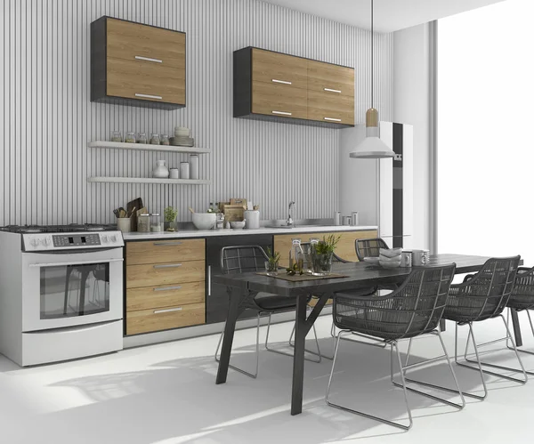 3d representación agradable mesa de comedor cerca de la barra de cocina de madera —  Fotos de Stock