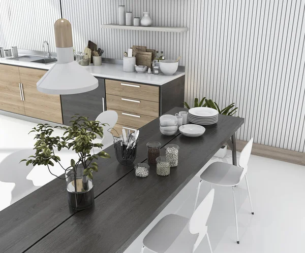 3D візуалізація дерев'яної кухонної панелі з обіднім столом та стільцем — стокове фото