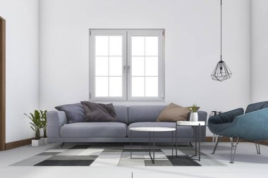 3D render çatı en az oturma odası ile renkli kanepe ve koltuk