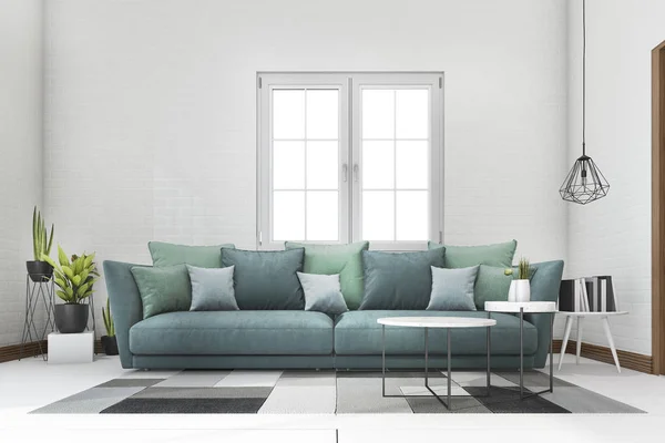 3D vykreslování modré a zelené pohovka s rostlinou v bílých cihel obývacím pokoji — Stock fotografie