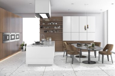 Ahşap mutfak ve yaşam tasarım 3D render yemek ayarlamak