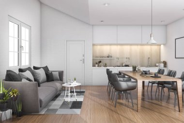 3D render ahşap çatı ile mutfak bar ve divan kapısı yakınındaki