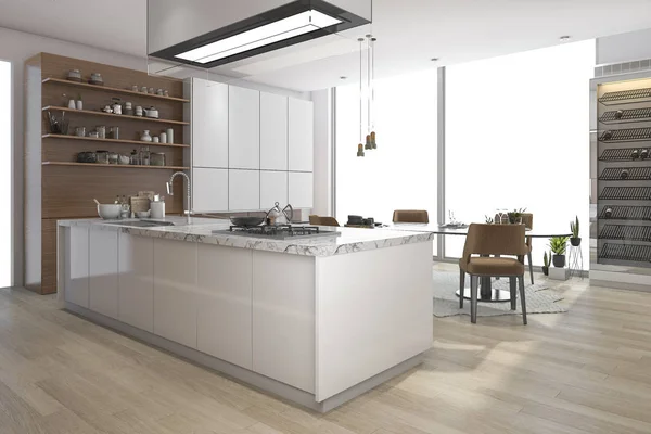 3d jantares de renderização definido na cozinha de madeira e design vivo — Fotografia de Stock
