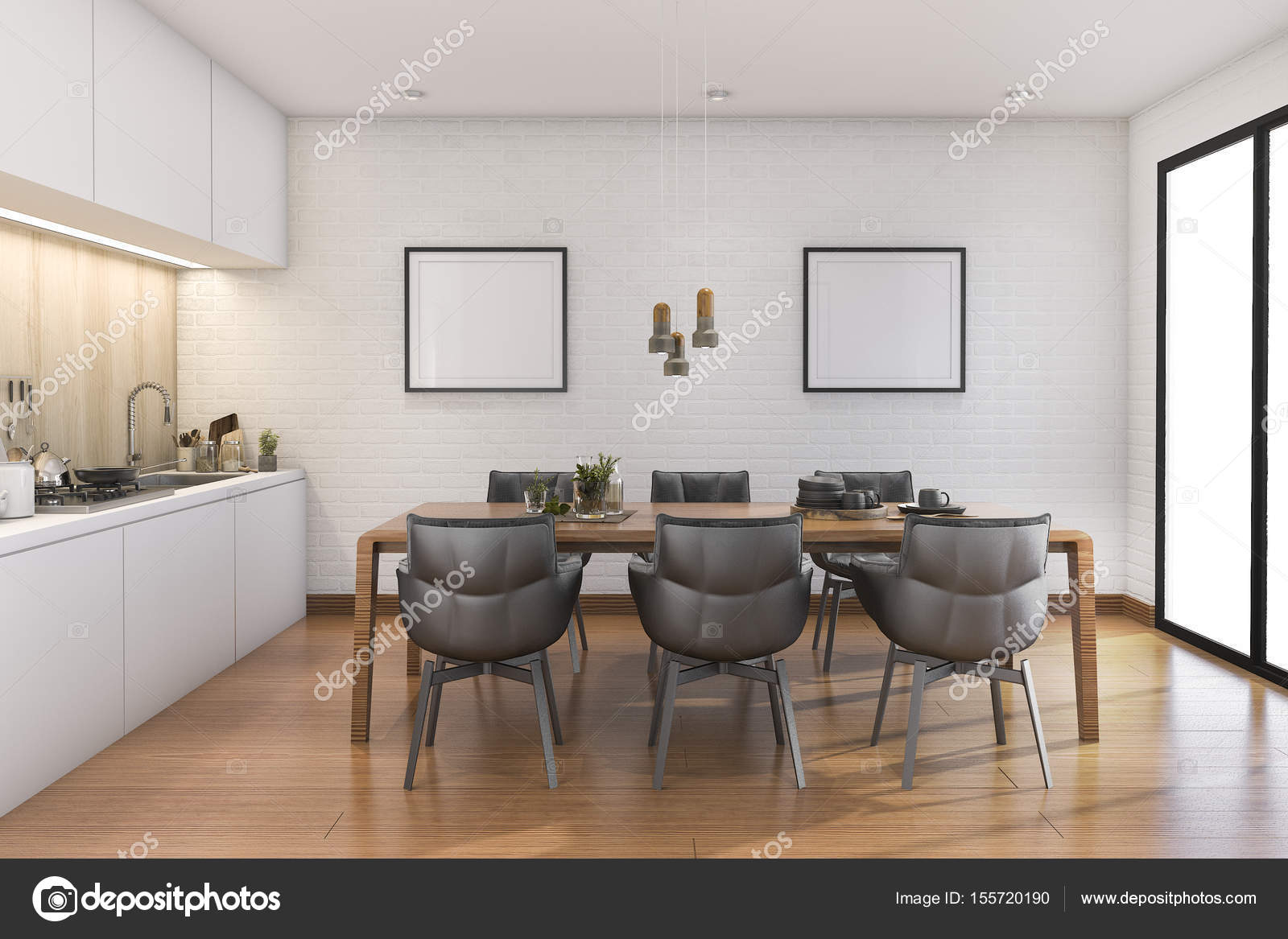 3d rendering fa loft konyha, bár és élÅ zóna — stock fotó ...