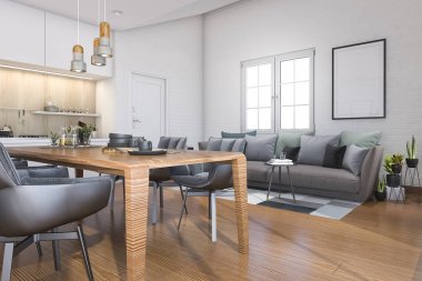 3D render ahşap çatı ile mutfak bar ve divan kapısı yakınındaki 