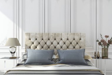 3D render lüks mavi yatakta beyaz klasik yatak odası