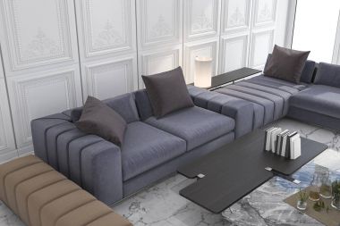 3D Render mavi ve kahverengi kanepe klasik lüks beyaz odada ayarla