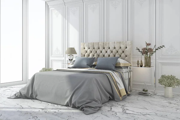 3d rendering lusso letto blu in bianco camera da letto classica — Foto Stock