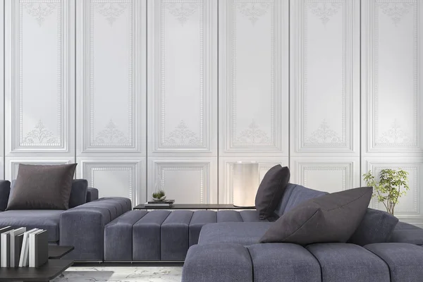 3D Render mavi ve kahverengi kanepe klasik lüks beyaz odada ayarla — Stok fotoğraf