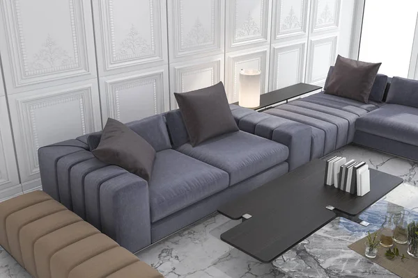 3D rendering kék és barna kanapé településen, klasszikus fehér szoba — Stock Fotó