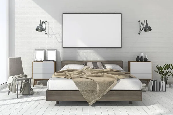 3d rendering vintage minimal mock up bedroom in scandinavian style — Stock Photo, Image