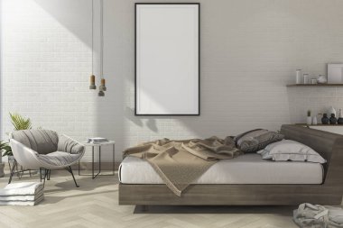 3D render vintage en az sahte yatak odasında İskandinav tarzı yukarı