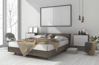 3D render vintage en az sahte yatak odasında İskandinav tarzı yukarı